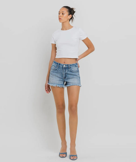 VEVERT HIGH RISE FRAYED HEM A LINE SHORTS